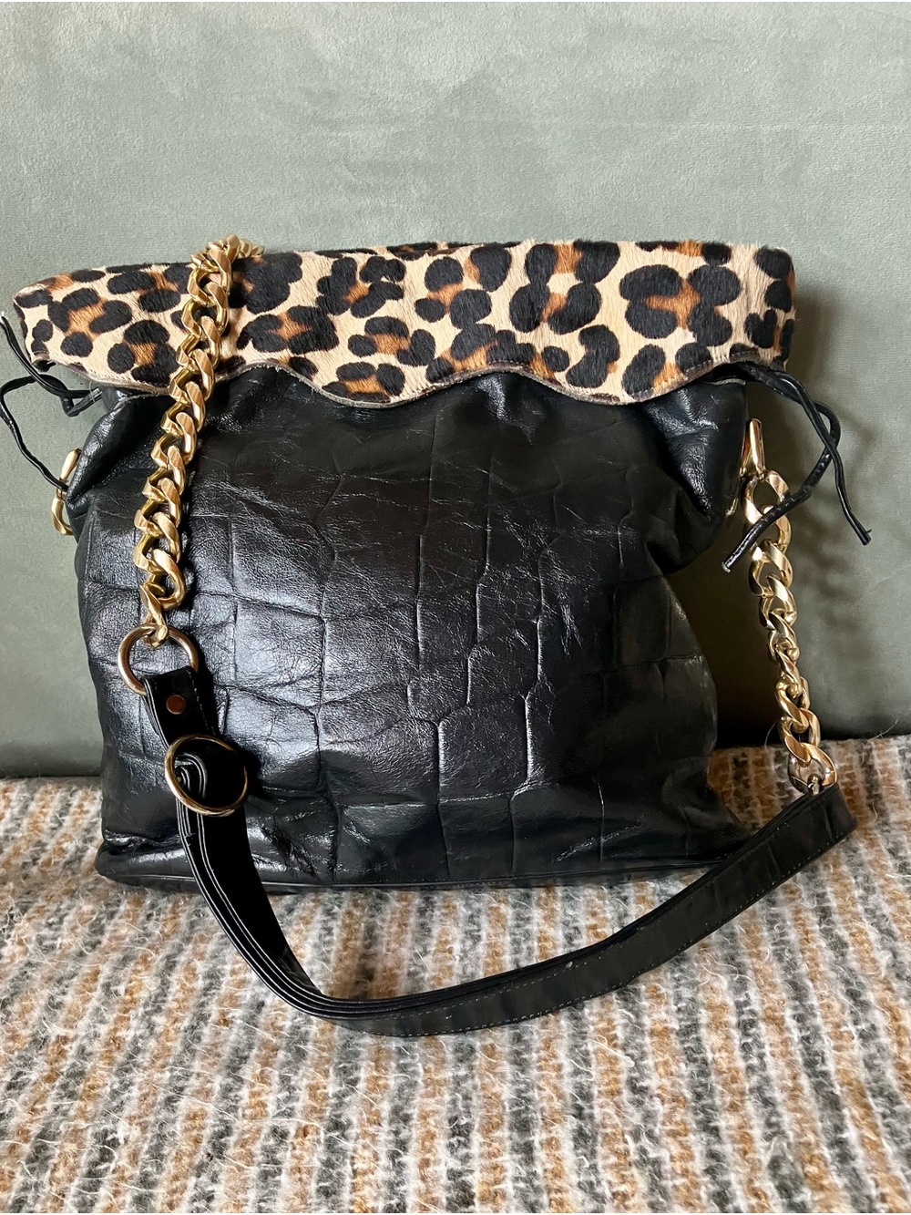 Black Leather Crossbody with Leopard Trim and Gold Chain Strap